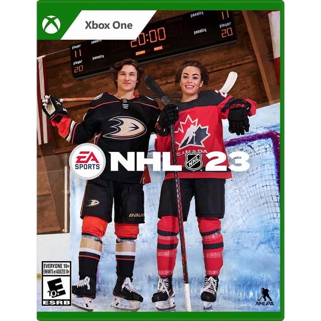NHL 23 Xbox One game cover featuring two hockey players standing on ice in front of a scoreboard. One player wears a black Anaheim Ducks jersey with orange and beige accents, the other wears a red Team Canada jersey with black and white details. Both hold hockey sticks and wear full hockey gear including skates, gloves, and padded shorts. The scoreboard shows a 20-minute timer and penalty information. EA Sports and NHL logos are visible. The game is also suitable for players interested in mixed-gender hockey team gameplay and updated strategy features.