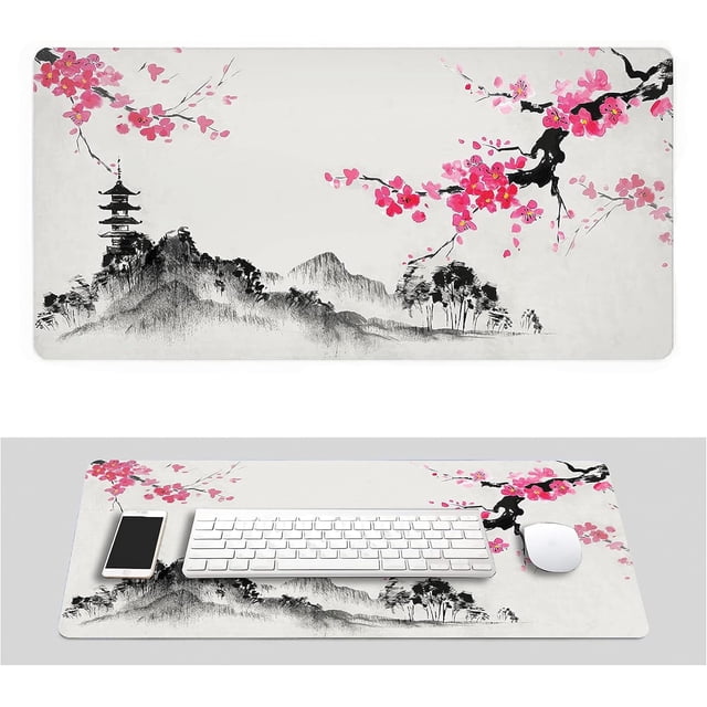 Watercolor Sakura Cherry Blossom Gaming Mouse Pad - 31.5x11.8 Inch, Stitched Edges, Extended Waterproof Desk Mousepad, Non-Slip Rubber Base, Large Computer Keyboard Mat for Work/Office/Home