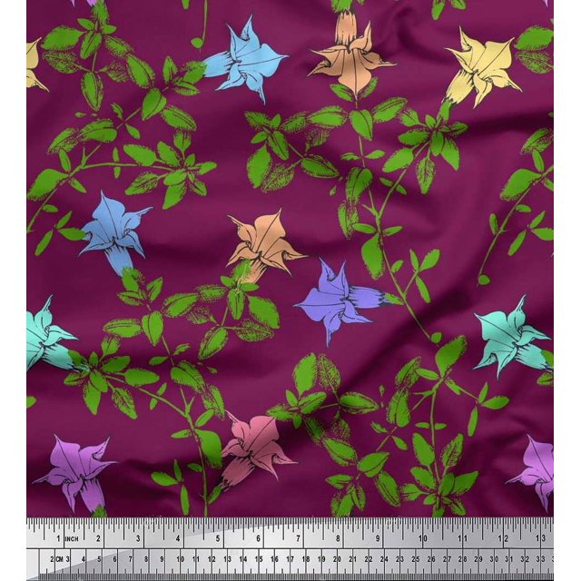 Soimoi Polyester Crepe Fabric Leaves & Bell Floral Printed Fabric 1 Yard 52 Inch Wide