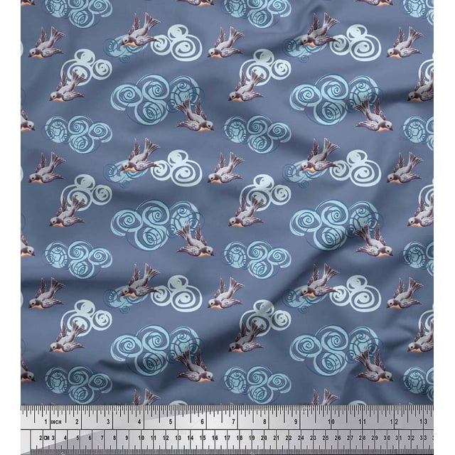 Soimoi Rayon Fabric Clouds & Bullfinch Bird Decor Fabric Printed Yard 42 Inch Wide