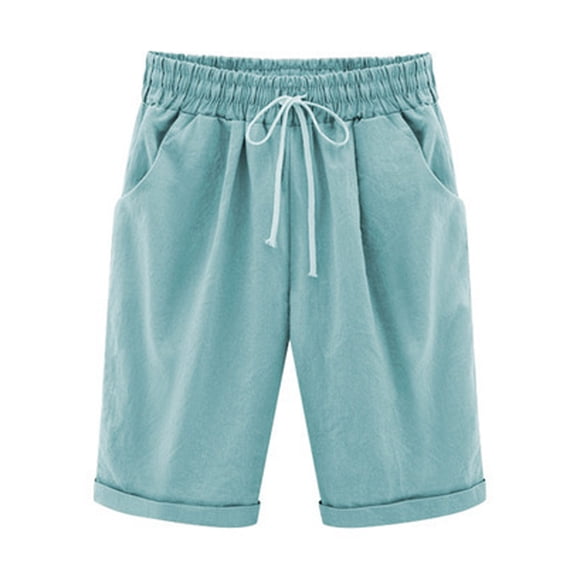 aohooy Bermuda Plus Size Shorts for Women Knee Length High Waisted Shorts Baggy Drawstring Pockets Casual Summer Linen Shorts 2026 Mint Green,M