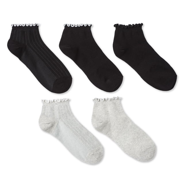 George Women's Anklet Socks 5-Pack with assorted black and light grey ankle-length socks featuring ribbed cuffs with lettuce edges, made from a soft cotton-blend fabric ideal for casual wear with sneakers or low-cut shoes, also suitable for light indoor activities.