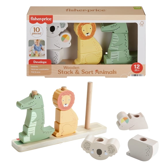 Fisher-Price Animaux à empiler et trier en bois, 10 éléments