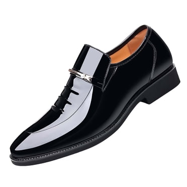 Mens Dress Shoes British Style Rhinestone Pointy Toe Slip on Fashion Classic Formal Business Casual Comfy Patent Leather Shoes Black
