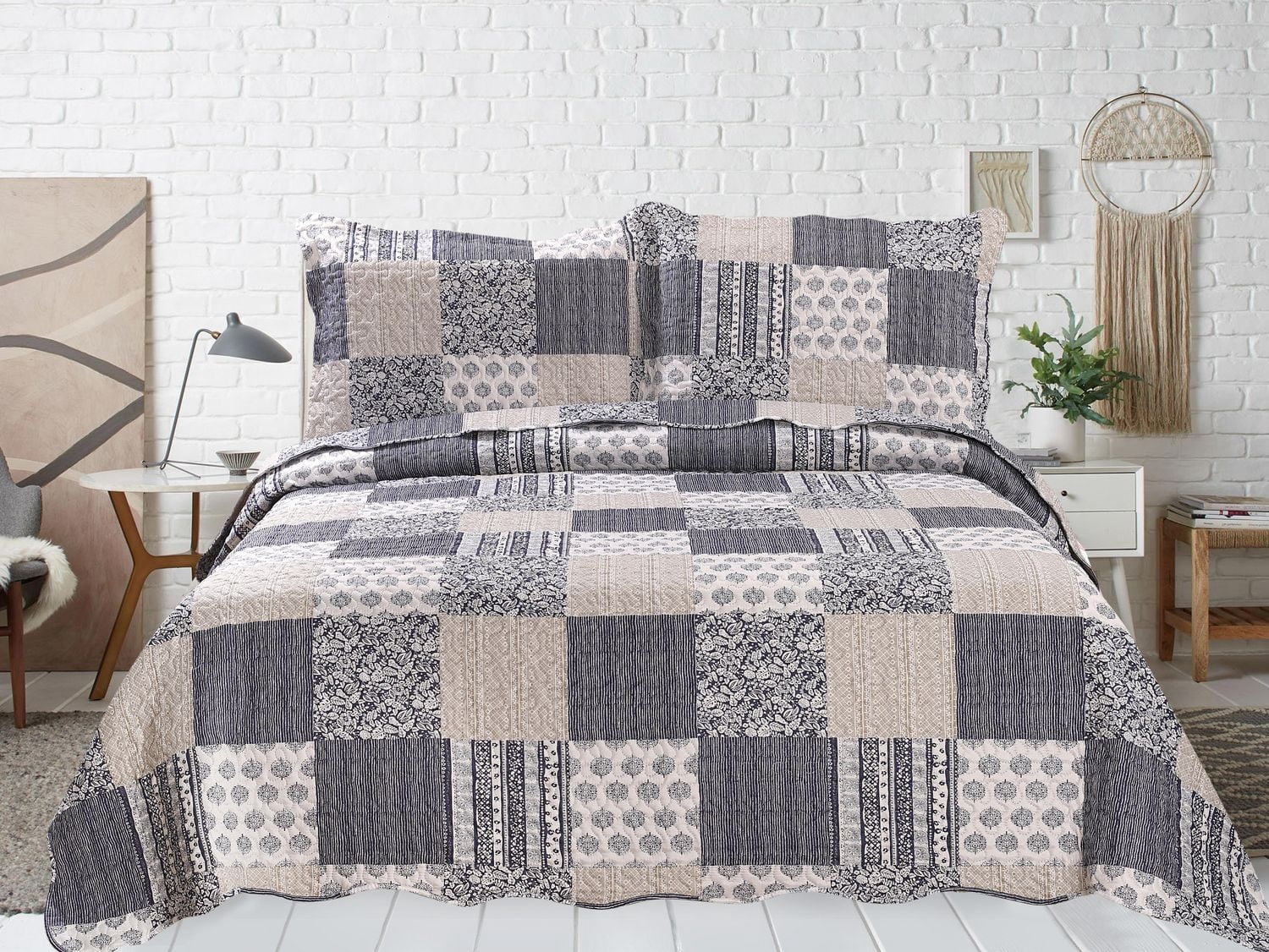 Marina Decoration Parure de lit ultra douce avec couvre-lit en tissu Pinsonic imprimé en relief et taies d'oreiller, motif écossais bleu marine