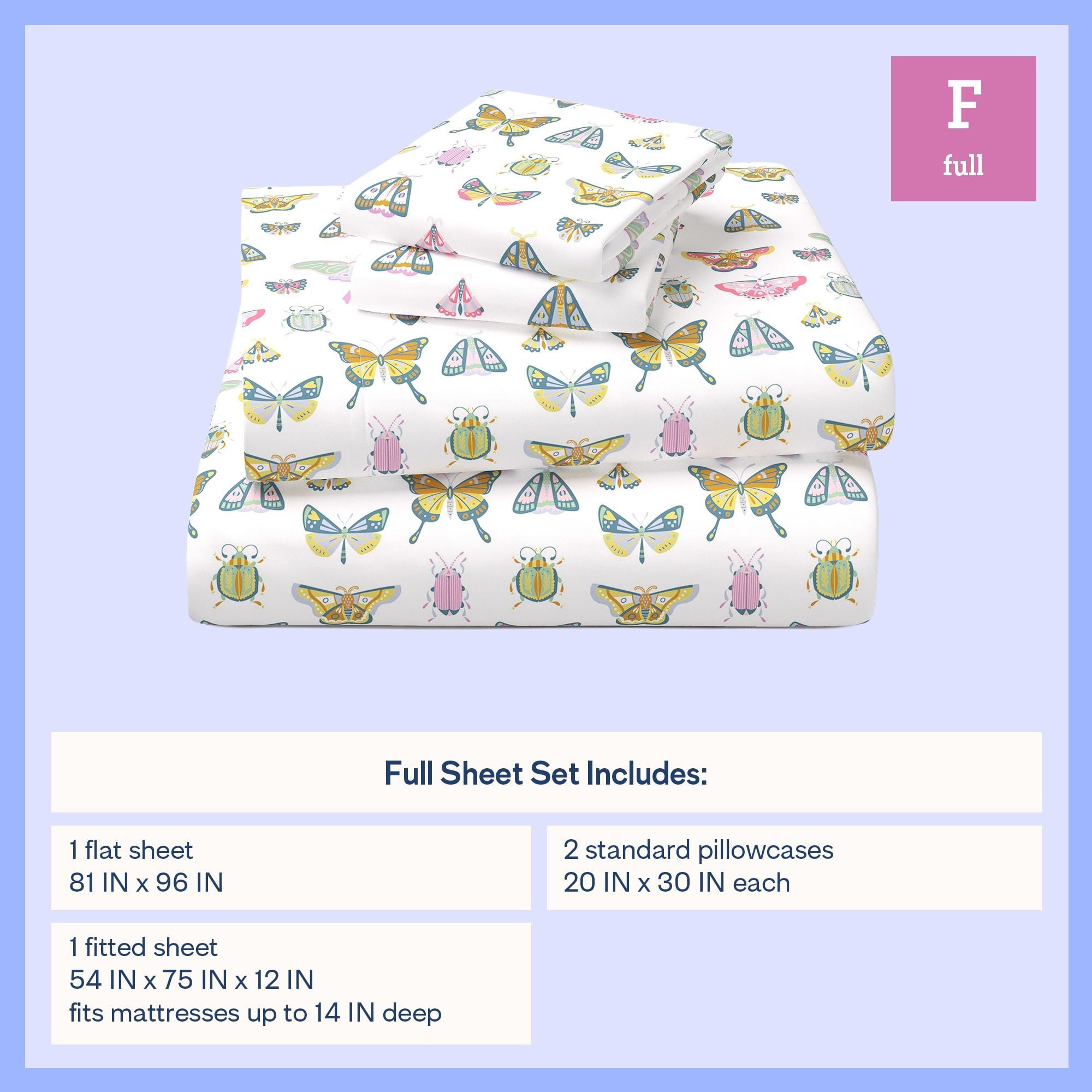 Mainstays Kids Microfiber Bed Sheet Set, Queen, Butterfly, 4 Pieces