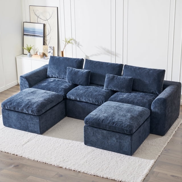 YINIX 120" Modular Sectional Sofa with Movable Ottomans, U-Shaped Couch for Living Room, No Assembly Required, Blue