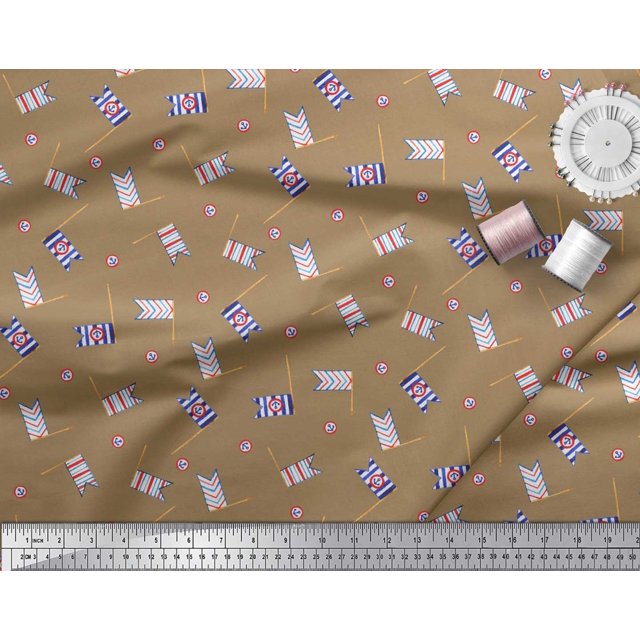 Soimoi Brown Poly Georgette Fabric Anchor Hook & Small Country Flag Print Fabric by Yard 42 Inch Wide