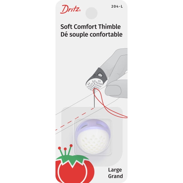 Dritz Soft Comfort Thimble Large Purple in packaging with an illustration showing its ergonomic design and heavily dimpled hard tip that prevents needle slipping, plus large back openings for breathability, ideal for sewing, quilting, and crafting use.