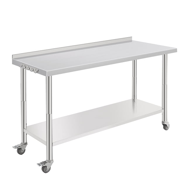 NSF Stainless Steel Prep Table - 60x24x35 Inch - Adjustable Undershelf, With Casters, Back Plate, Straight Edge, Tool Hooks, For Kitchen, Restaurant & Bakery