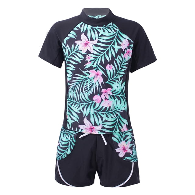 Kaerm Girls Swimsuit UPF 50+ UV Sun Protection 2 Piece Short Sleeve Swimwear Rash Guard Sets Summer Lily Pink 10