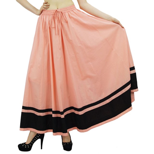 Bimba Women's Long Maxi Skirt With Contrast Border Boho Skirt With Elastic Waist