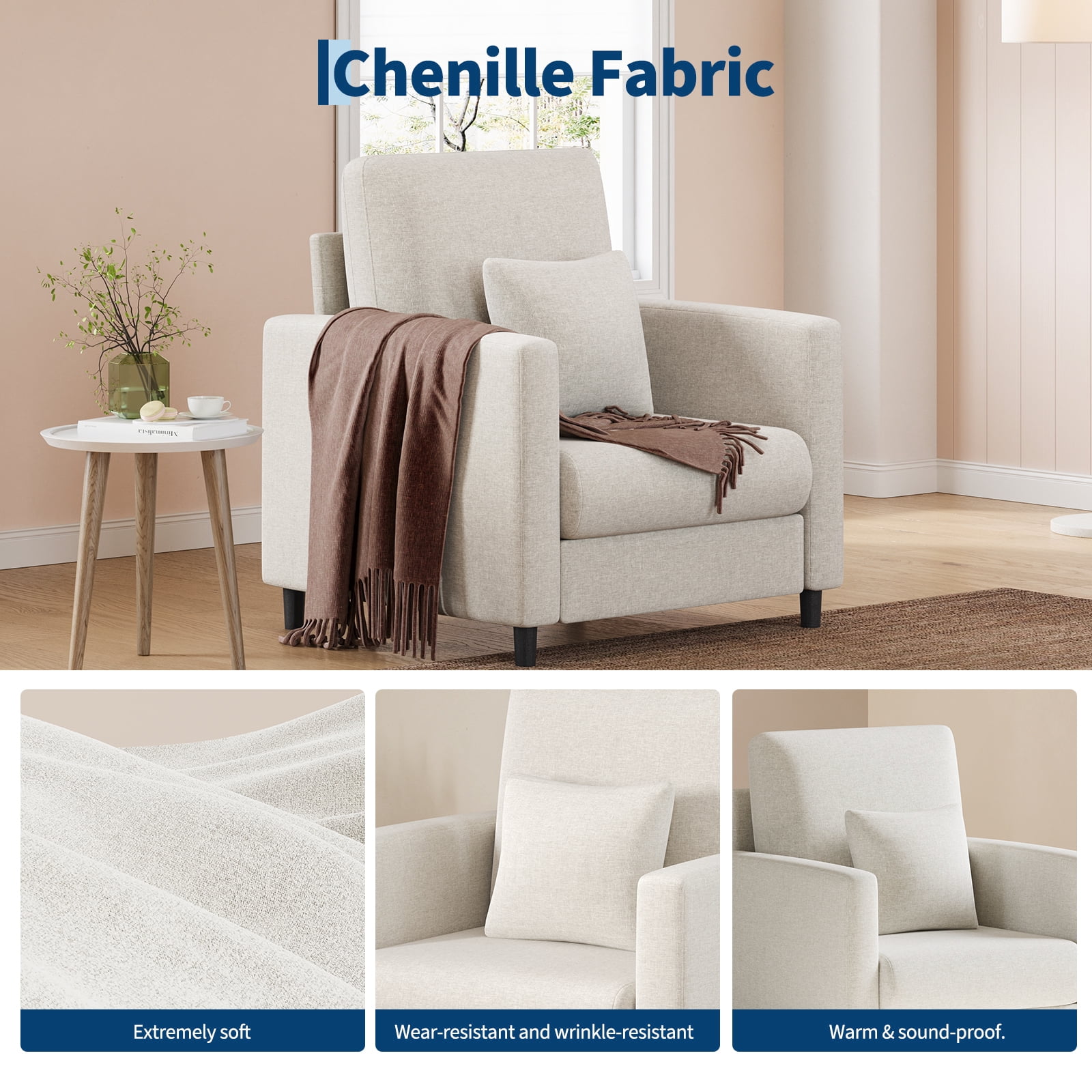 Modern Upholstered Accent Chair – 33" Mid-Century Sofa Armchair with Sturdy Wood Frame – Cozy Lounge Reading Chair – Tool-Pre-assembled – Ideal for Small Spaces – Beige