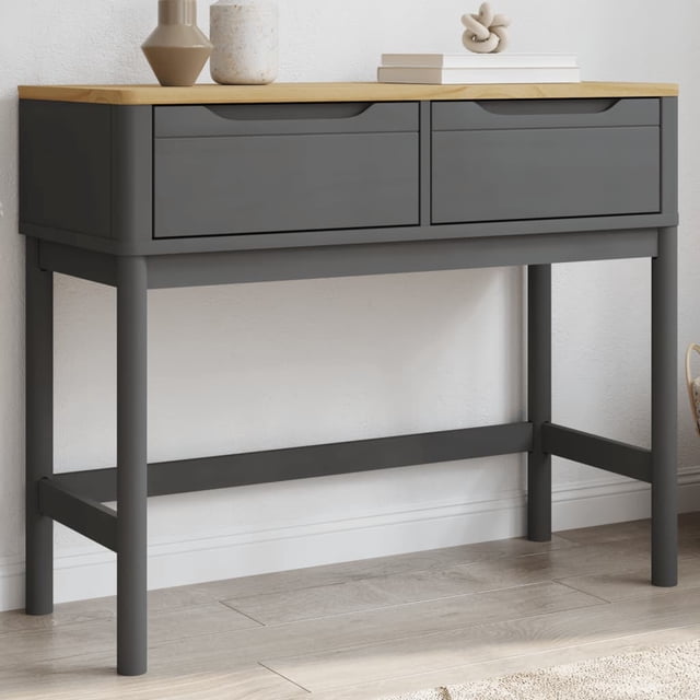 vidaXL Console Table FLORO Grey 89.5x36.5x73 cm made of solid pine wood with two drawers and wooden legs. This grey console table with a natural wood top offers ample storage space for books, decorations, or storage boxes. Ideal as accent furniture for living rooms or hallways.