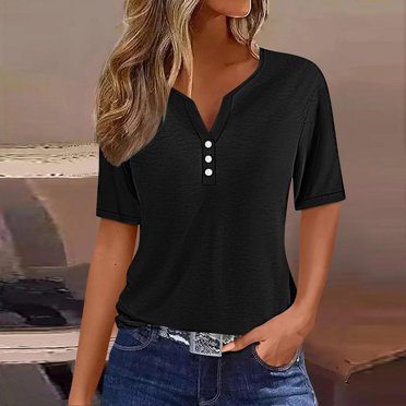Jsaierl Womens Trendy Summer Tops 2024 Classic Notched V Neck Henley Shirts Solid Color Basic Short Sleeve Blouses Lightweight Soft Comfy Tunics