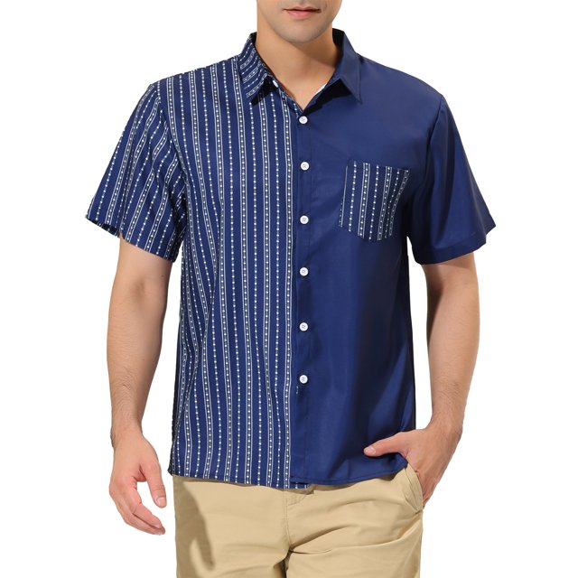 INSPIRE CHIC Men's Shirts Short Sleeve Summer Cotton Patchwork Button Down Shirts S Navy Blue