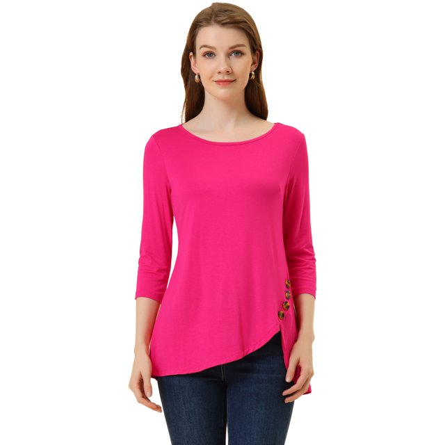 INSPIRE CHIC Hauts pour Femmes Col Rond Manches 3/4 Décor Boutons Ourlet Irrégulier Blouse Style Décontracté 2TG Rose Vif