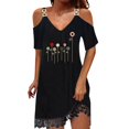 thumbnail image 1 of TJAZFJPA Robe T-Shirt Femme Femmes Décontractée Imprimée Col en V Épaules Dénudées à Empiècements Dentelle Manches Courtes Robe Robes Femmes Robes Froncées pour Femmes, 1 of 4