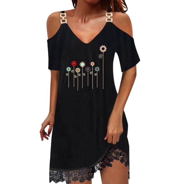 TJAZFJPA Robe T-Shirt Femme Femmes Décontractée Imprimée Col en V Épaules Dénudées à Empiècements Dentelle Manches Courtes Robe Robes Femmes Robes Froncées pour Femmes