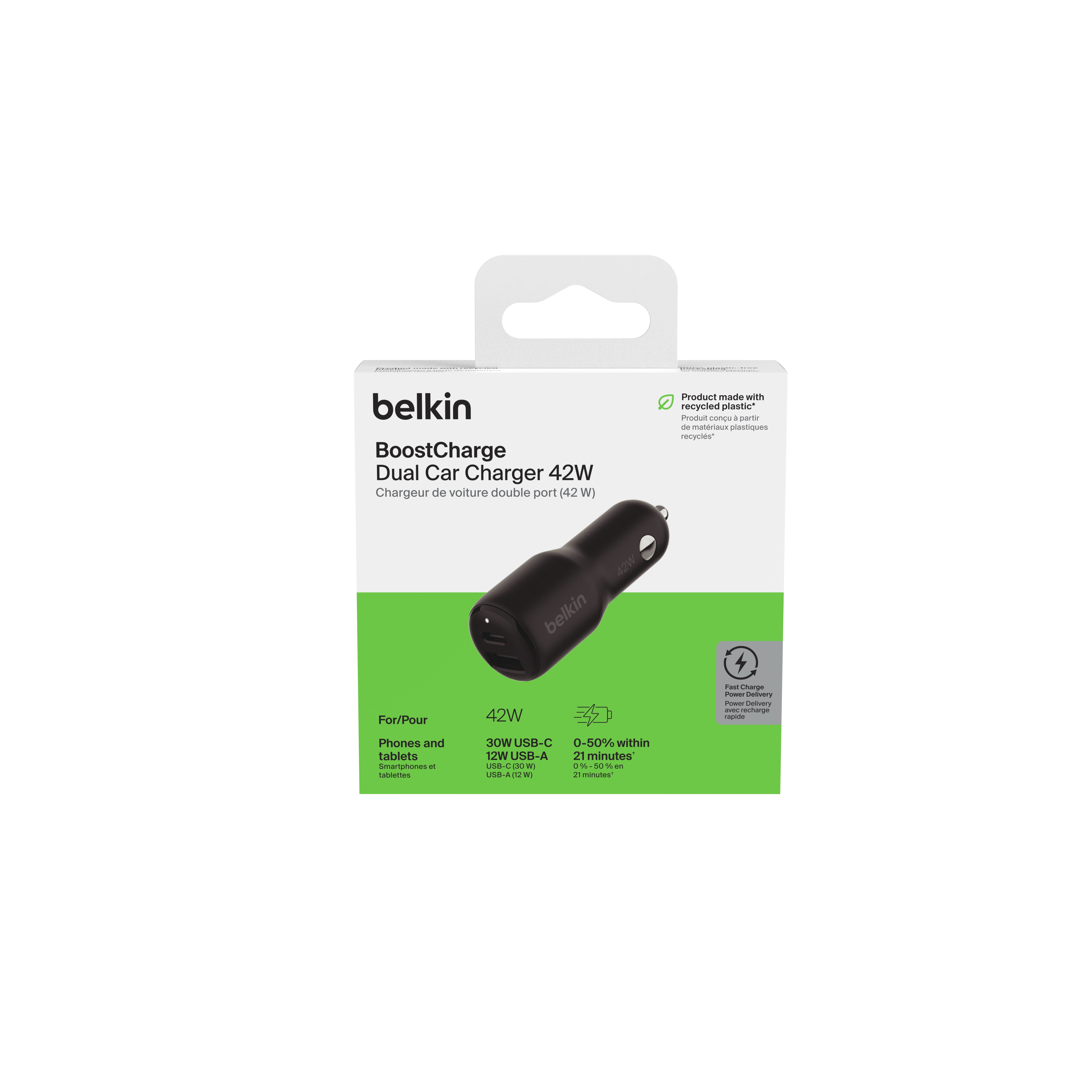 Double chargeur de voiture Belkin BoostCharge 42 W avec ports USB-C charge rapide 30 W PPS et 12 W USB-A pour Apple iPhone 15, 15 Pro, 15 Pro Max, iPhone 14 Series, iPhone 13 Series, Samsung Galaxy S2