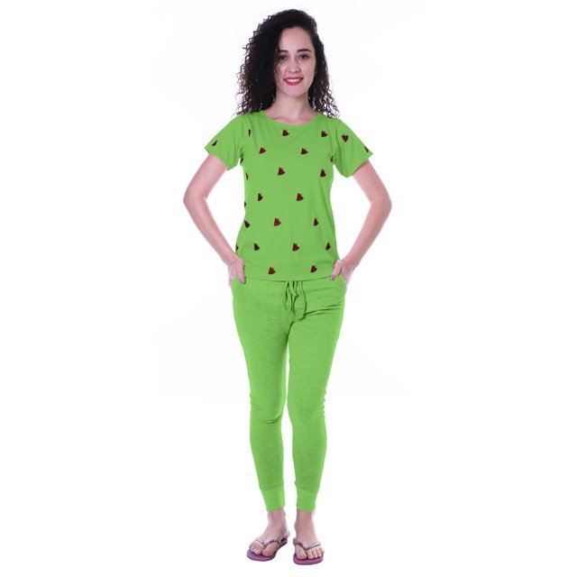 Moomaya Nightwear Set Watermelon Embroidery Slimfit Pyjamas Sleepwear 2 Pcs Set