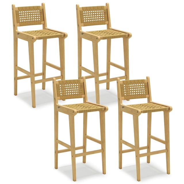 Costway 4 PCS Patio Teak Wood Bar Stool Outdoor Bar Height Chair with Rattan Backrest & Seat
