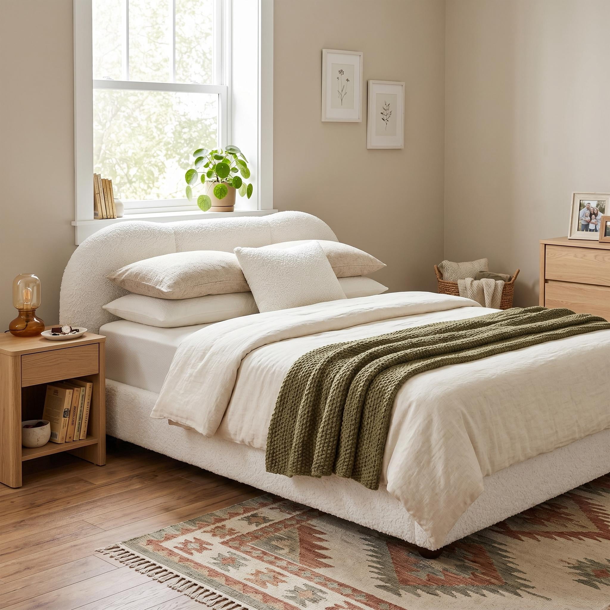 Homy Casa Lit Plateforme Très Grand Format en Bouclé, Tête de Lit Courbée Rembourrée, Lit en Tissu Teddy Sans Sommier