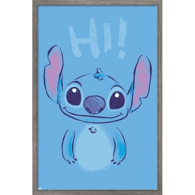 Disney Lilo and Stitch - Hi Wall Poster, 22.375" x 34" featuring a front-facing illustration of Stitch with large ears shaded pink inside, big black eyes with white highlights, and a smiling mouth on a solid light blue background with the word 'Hi!' above, printed on glossy poster paper and framed in rustic wood, ideal for bedroom or office wall decor.