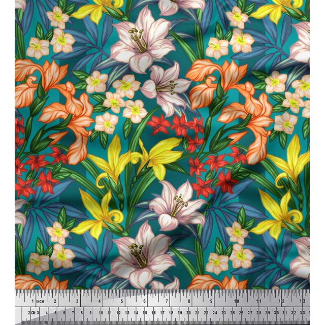 Soimoi Feuilles de Popeline de Coton Vert & Tissu Imprimé Floral Lis 1 Yard 42 Inch Wide