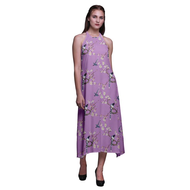 Bimba Robe Décontractée Oiseau Longue Dos Nu à Col Licou pour Femme Robe de Plage Imprimée - XX-Grand