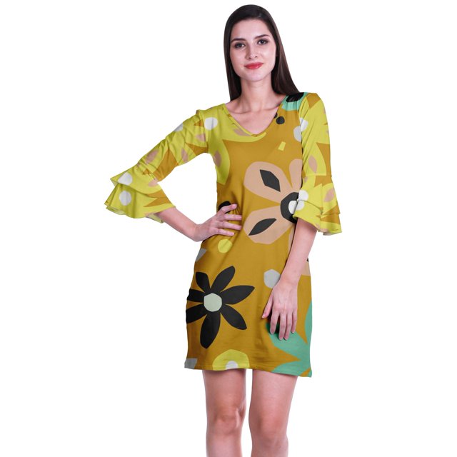 Moomaya Robe Courte Imprimée pour Femmes, Manches Évasées, Coupe Droite, Robes pour Femmes, Vêtements d'Été Décontractés