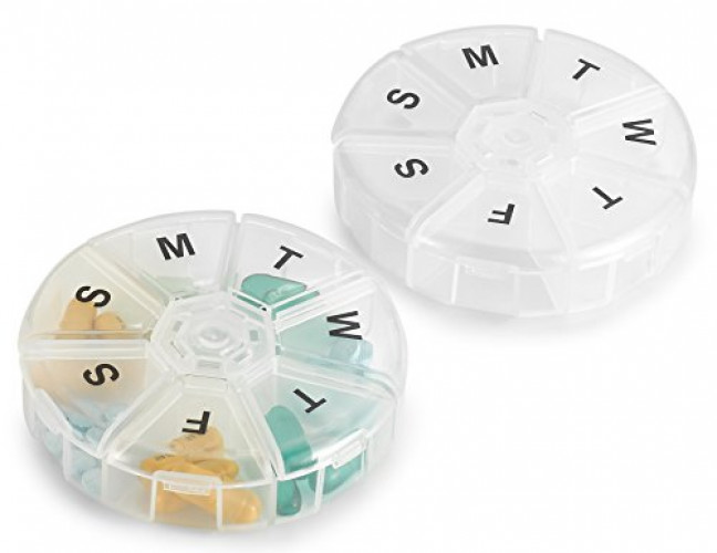MEDca Weekly Large Round Travel Pill Organizer with 7-Day Pills Container, Multicolor (2 Pack)