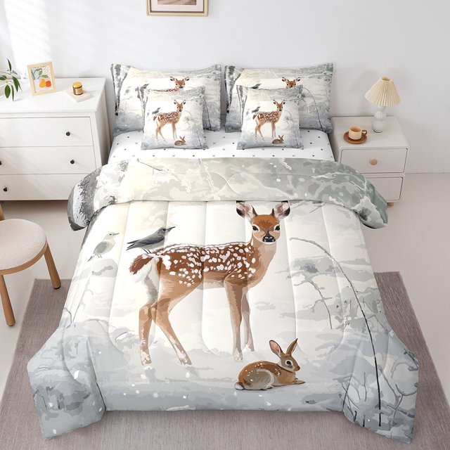 Christmas Full Comforter Set 7 Pieces,Reindeer Bird Rabbit Comforter for Full Size Bed Reversible,Watercolor Farmhouse Animal Bed in a Bag with Comforter,Sheets,Pillowcases & Shams