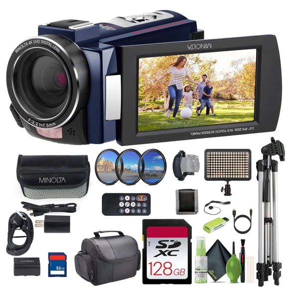 Minolta MN4K25NV 4K Ultra HD 30 Mégapixels Vision Nocturne Numérique Caméscope Vidéo (Bleu) Ensemble avec Carte Mémoire 128 Go + Trépied pour Appareil Photo + Lumière DEL + Plus d'Accessoires