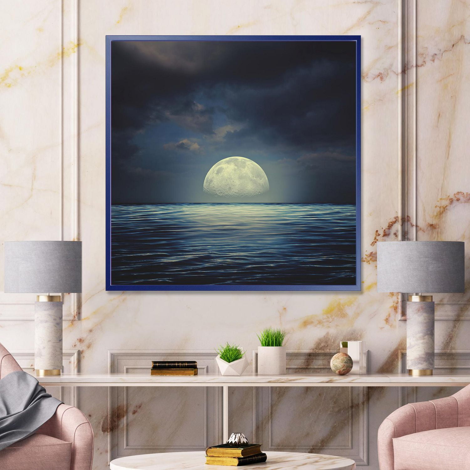 Designart Super Lune sur la mer II ART MURAL À CADRE FLOTTÉ