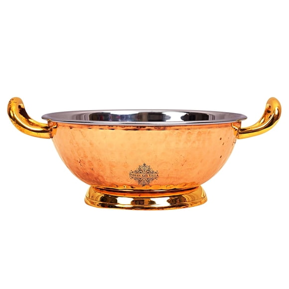 Steel Copper Hammered Design Kadhai Wok With Brass Bottom & Handles - 1000ml, Brown | Tableware Serveware Dishware For Home, Hotel & Restaurant - Break Resistant, Scratch Resistant
