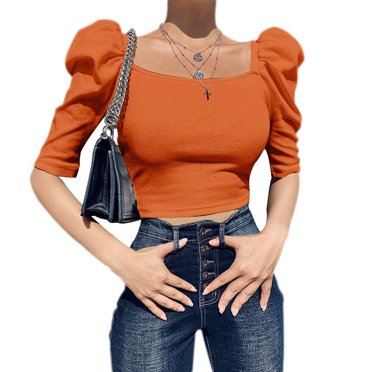 T-shirts Courts à Manches Bouffantes pour Femmes, Mode, Décontractés, Unis, Haut d'Été à Demi-Manches, Col Carré