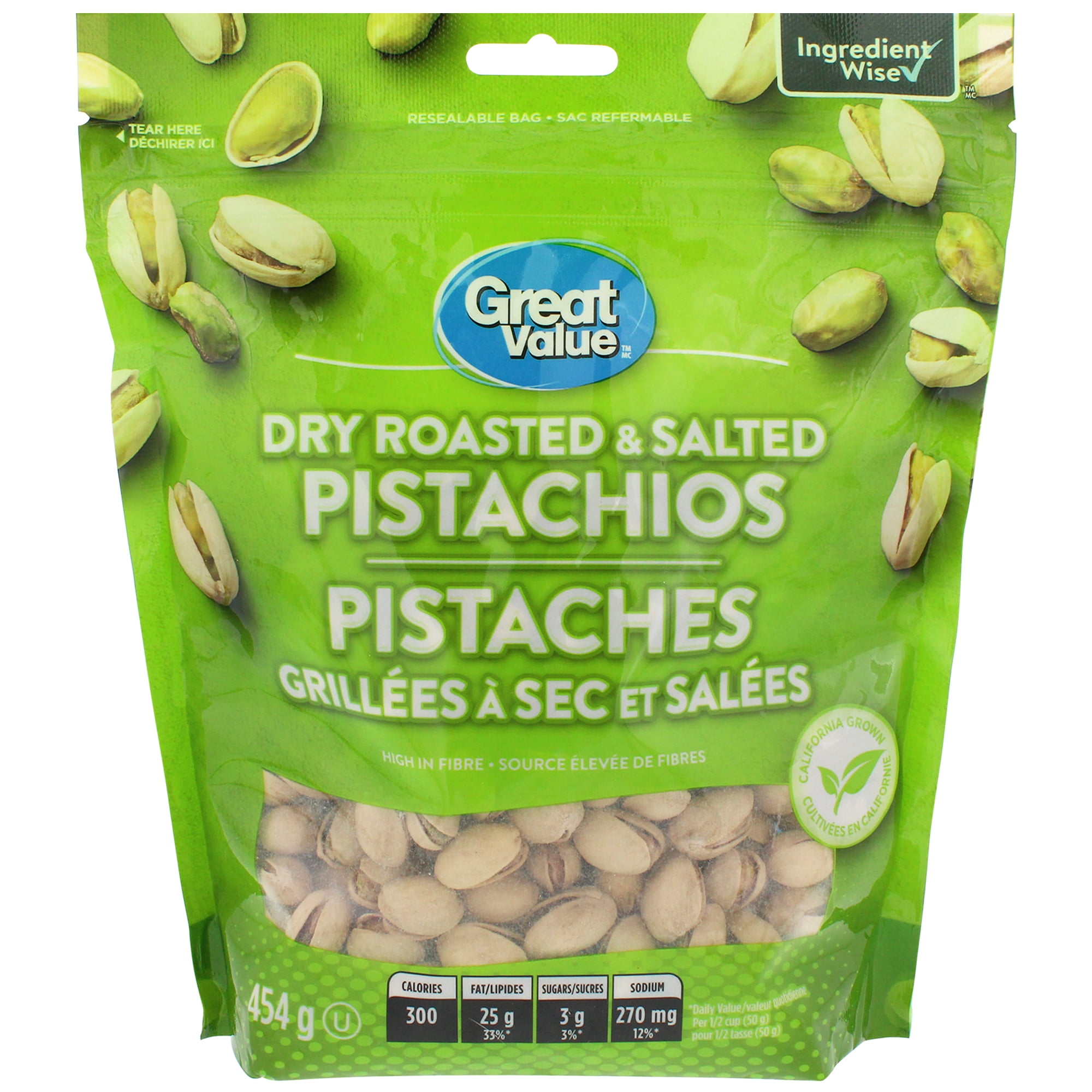 Great Value Dry Roasted & Salted Pistachio Nuts, 454g Resealable Bag ...
