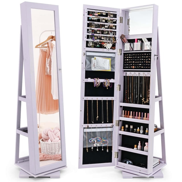 Costway 360° Rotatable Jewelry Cabinet Armoire 2-in-1 Lockable Mirrored Light Purple. This freestanding jewelry armoire features a full-length mirror and a 360-degree rotating base for easy access. The interior includes 120 earring slots, 54 earring holes, 78 ring slots, 24 necklace hooks, a bracelet bar, 5 storage racks, 2 dustproof storage pockets, and 3 acrylic storage boxes. Made of durable P2 MDF with a soft velvet lining to protect jewelry, it also has three-tier shelves at the back for additional storage. The lockable design ensures security, and the light purple finish adds a stylish touch to any room.
