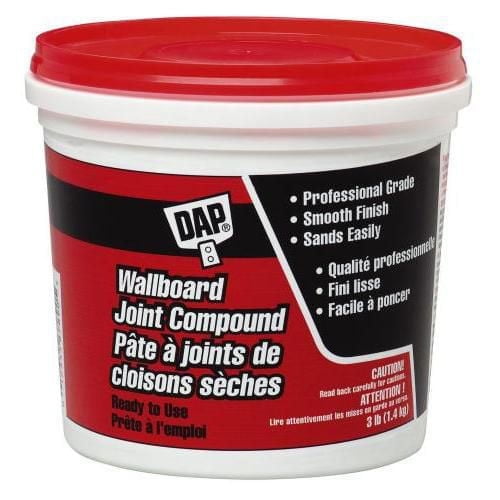 DAP Wallboard Joint Compound in a white plastic tub with a red lid, ready-to-use for smooth, professional-grade finishing of gypsum panel joints, featuring bilingual English and French text, easy sanding, and minimal shrinkage, suitable for interior use.
