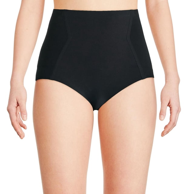 George Women's Bonded Shaper Brief in black with mid-rise fit, bonded edges at waistband and hem for smooth shaping, jersey knit fabric with inner mesh tummy control panel, cotton gusset, and elasticized waistband, designed to shape and lift hips and bottom, ideal for wearing under dresses, skirts, or jeans.