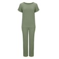 thumbnail image 4 of FAIWAD Ensemble 2 Pcs pour Femmes en Tricot Côtelé, Décontracté, Col Ras du Cou, Manches Courtes, Hauts et Pantalon à Jambe Grand, Survêtement, 4 of 6