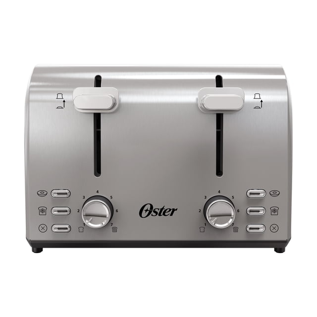 Oster 4-Slice Toaster with Extra Wide Slots in stainless steel, featuring two extra-wide slots with high-lift levers, dual seven-level browning dials, and three function buttons for bagel, defrost, and cancel on each side, ideal for toasting various bread types with easy crumb tray removal.