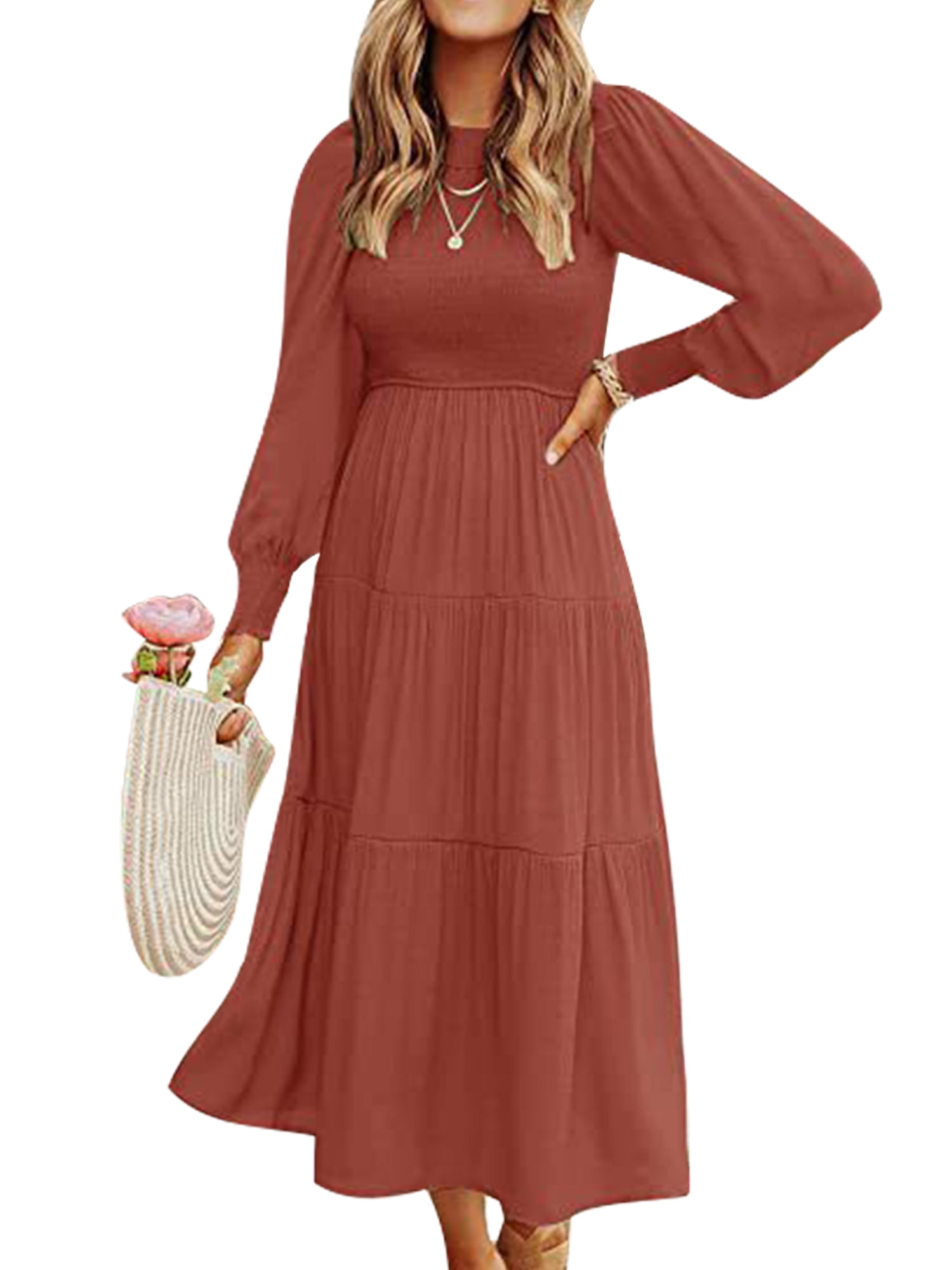 LUXUR Robes Maxi à Manches Longues pour Femmes Décontractées Soirée Robe Ligne A Rouge Foncé TG