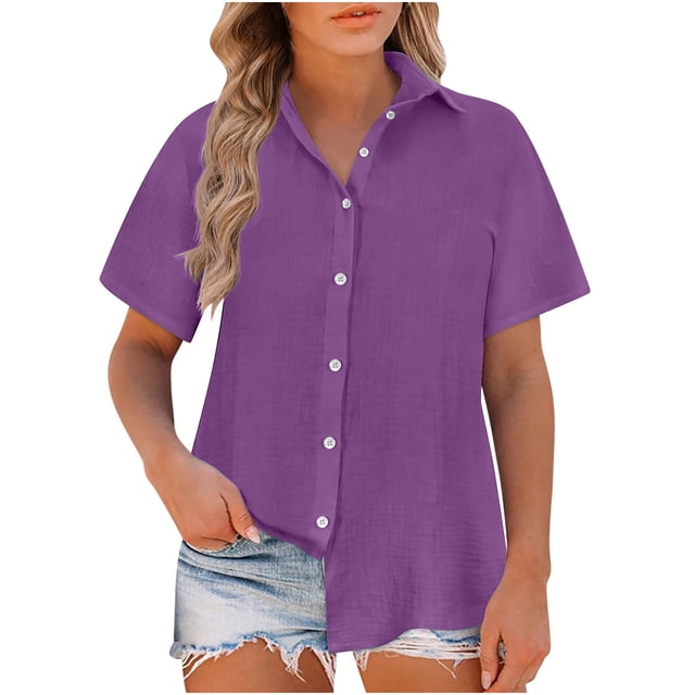 Timegard Womens Shirts Plus Size Cotton Linen Notched V-Neck Button down Short Sleeve Casual Loose Top in a vibrant purple color. This women's plus size casual top features a relaxed fit, short sleeves, a notched V-neckline, and button-down closure. Made from breathable cotton-linen fabric, it is ideal for layering or pairing with jeans, shorts, or leggings for a chic yet comfortable look. Suitable for spring, summer, and fall.