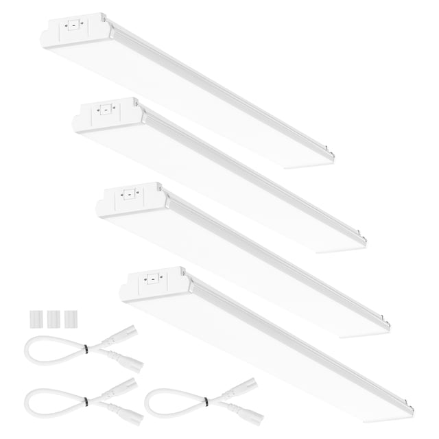 VEVOR 4FT LED Wraparound Light, 50W, 5500LM, flush mount LED shop light shown in a set of four with a sleek, ultra-thin design. Each light features a white carbon steel frame and high-transparency lampshade, emitting 6500K daylight white illumination. Accessories include adapter cables, seamless connectors, wire caps, and mounting screws for versatile installation options. Suitable for garages, offices, kitchens, and as a fluorescent tube replacement.