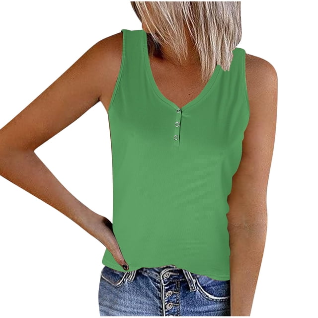 Mrat Sporty Workout Tank Tops Women's Striped Round Neck Button Elastic Tank Tops Womens Racerback Tank Tops S-306 Green L