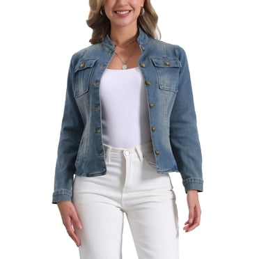 INSPIRE CHIC Women's Denim Jackets Stand Collar Long Sleeves Short Jean Jackets Vintage Blue M