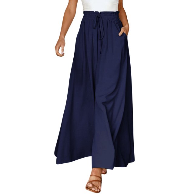 GZWYHT Wide Leg Pants,Palazzo Pants,Women's Wide Leg Pants Flowy Ruffle Solid Color Drawstring Waist Pants,Flowy Pants,High Waisted Pants,Sweatpants Women,Navy,XXL