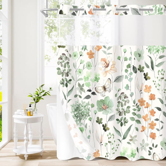 No Hook Sage Green Watercolor Floral Shower Curtain and Liner Set, Flower Shower Curtains with Snap in Liner for Farmhouse Bathroom Decor, Modern Botanical Bathroom Curtain with Leaves, 72x74